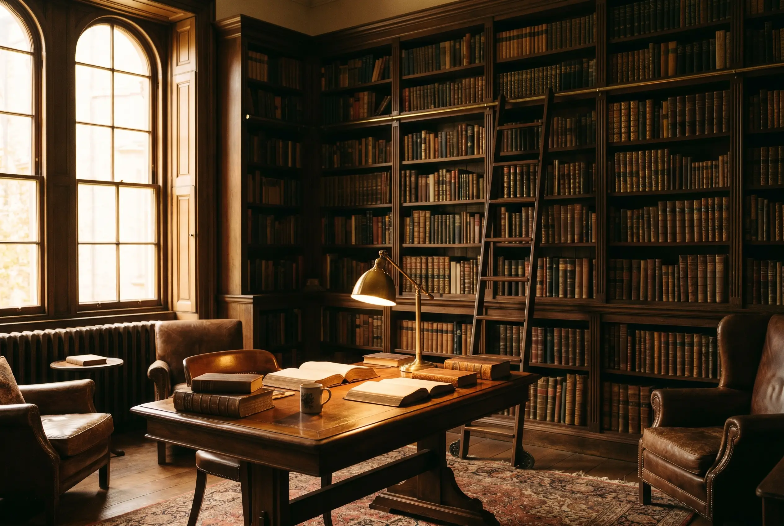 Bibliothèque privée en noyer, symbole de transmission du savoir