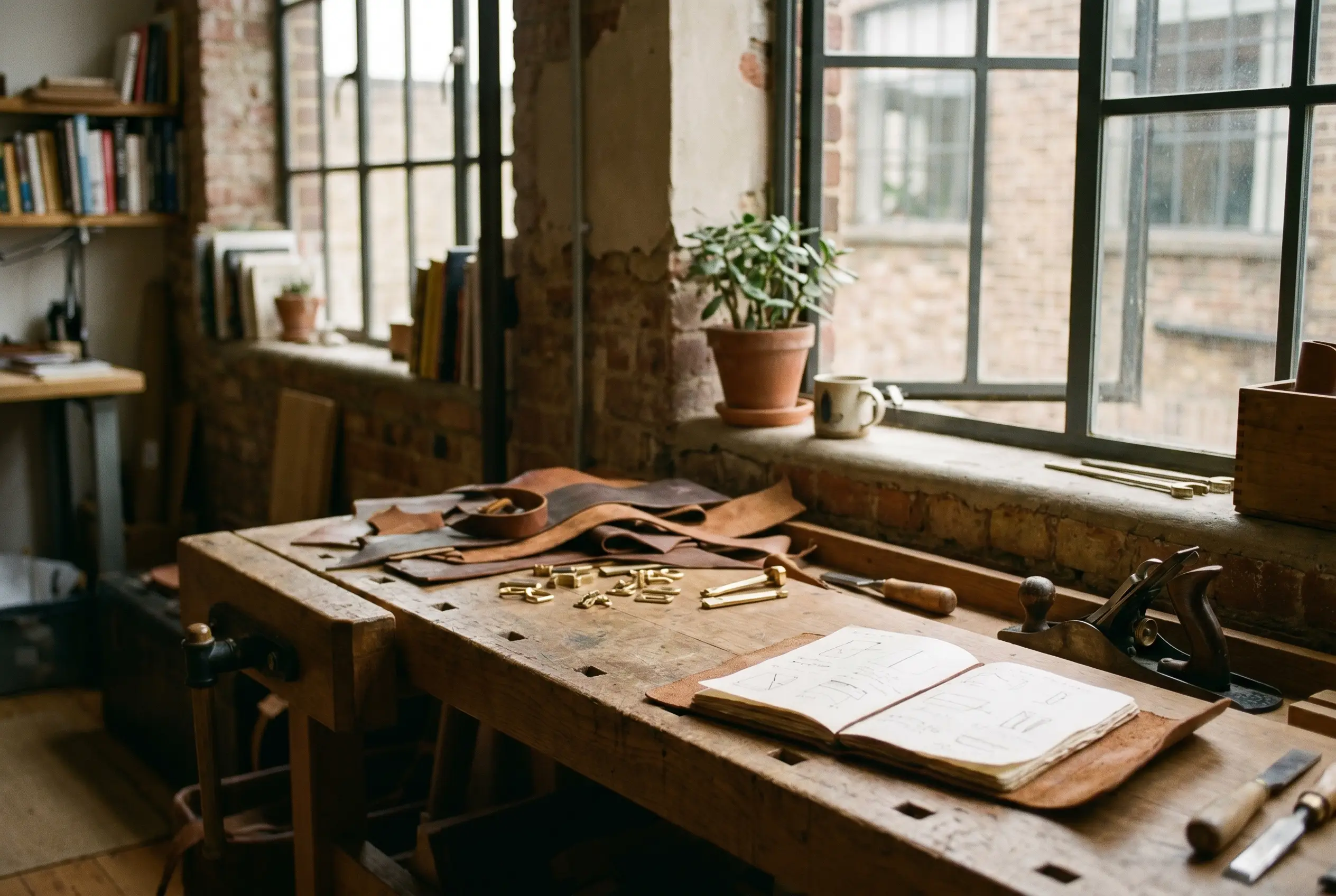 Atelier d'un professionnel indépendant, établi en bois et lumière naturelle